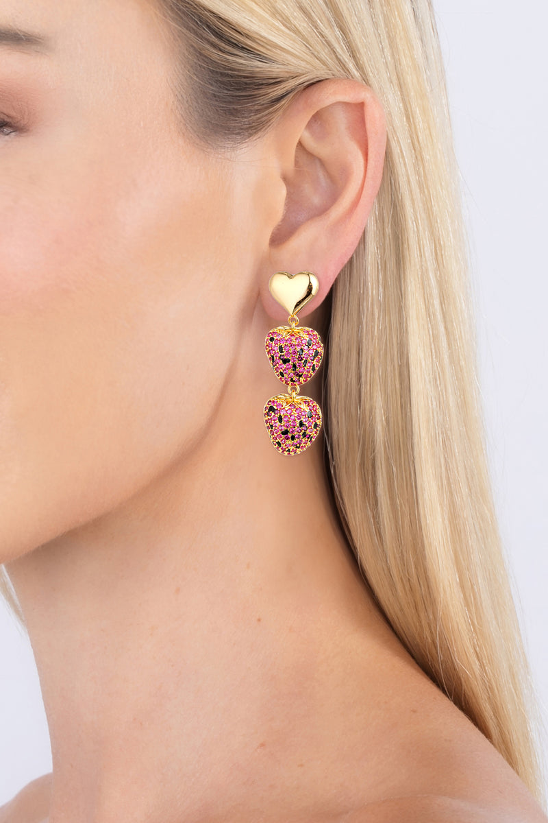 Pink Strawberry Heart 18K Gold Plated CZ Earrings