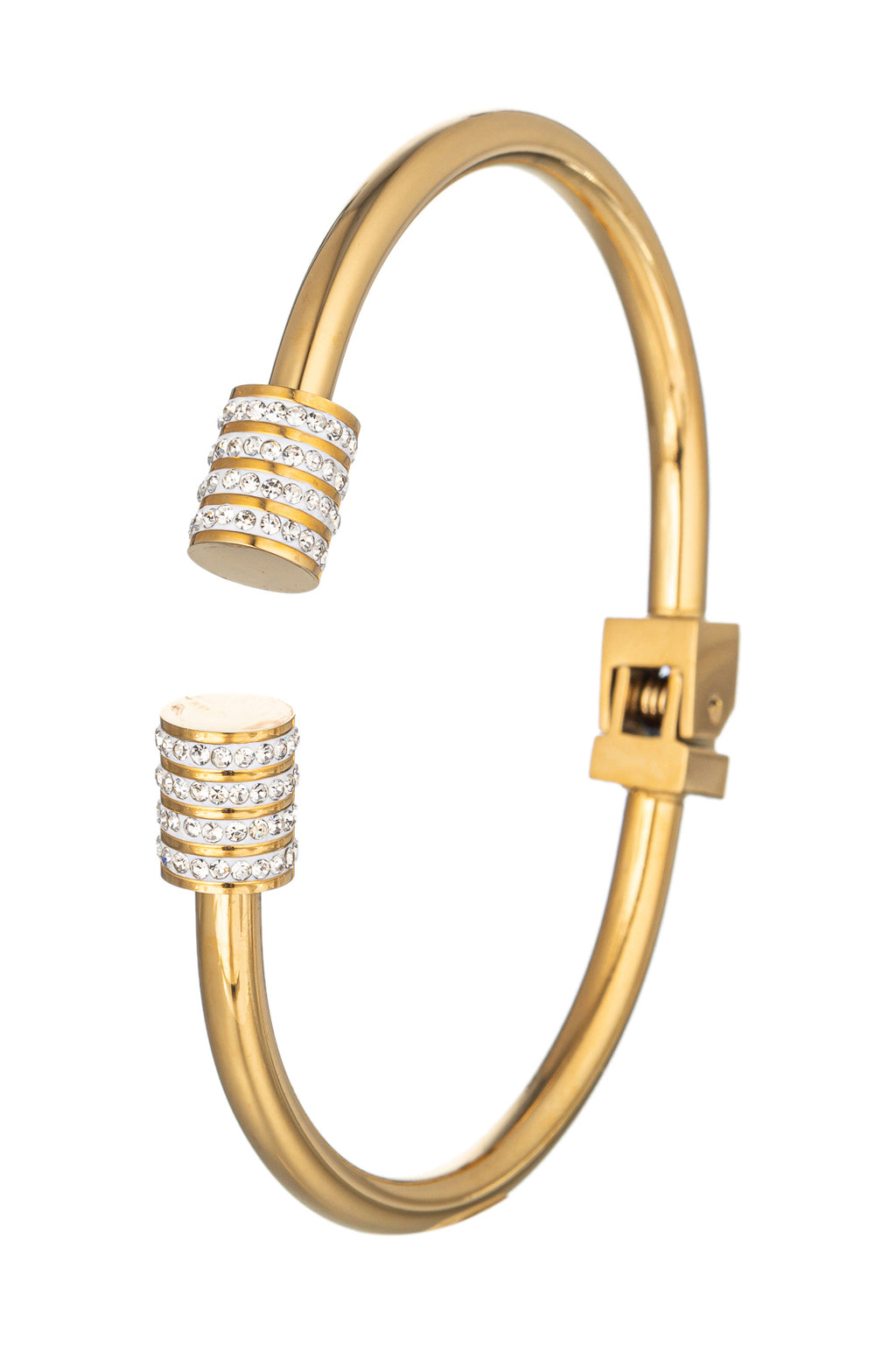 Gold tone titanium CZ crystal cuff bracelet.