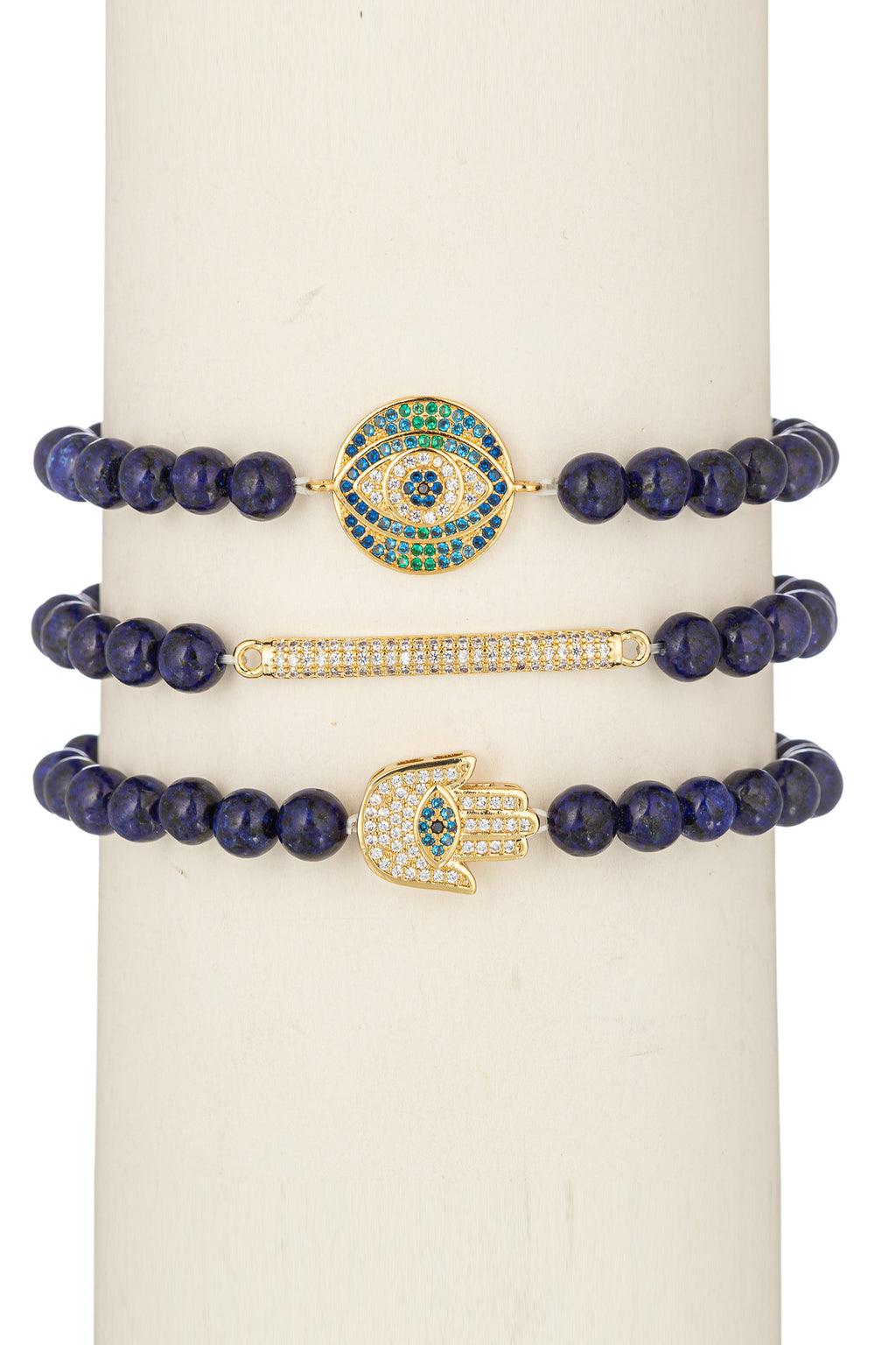 Agate beaded bracelet set with gold pendants that are studded with CZ crystals.