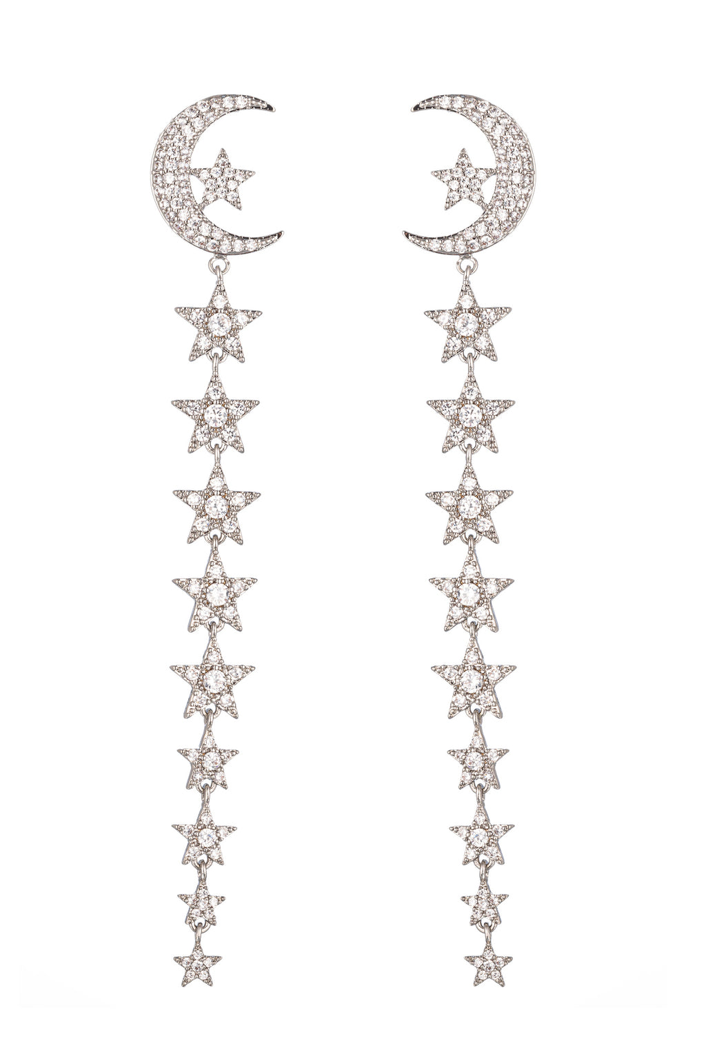 Silver tone brass moon & star long earrings studded with CZ crystals.