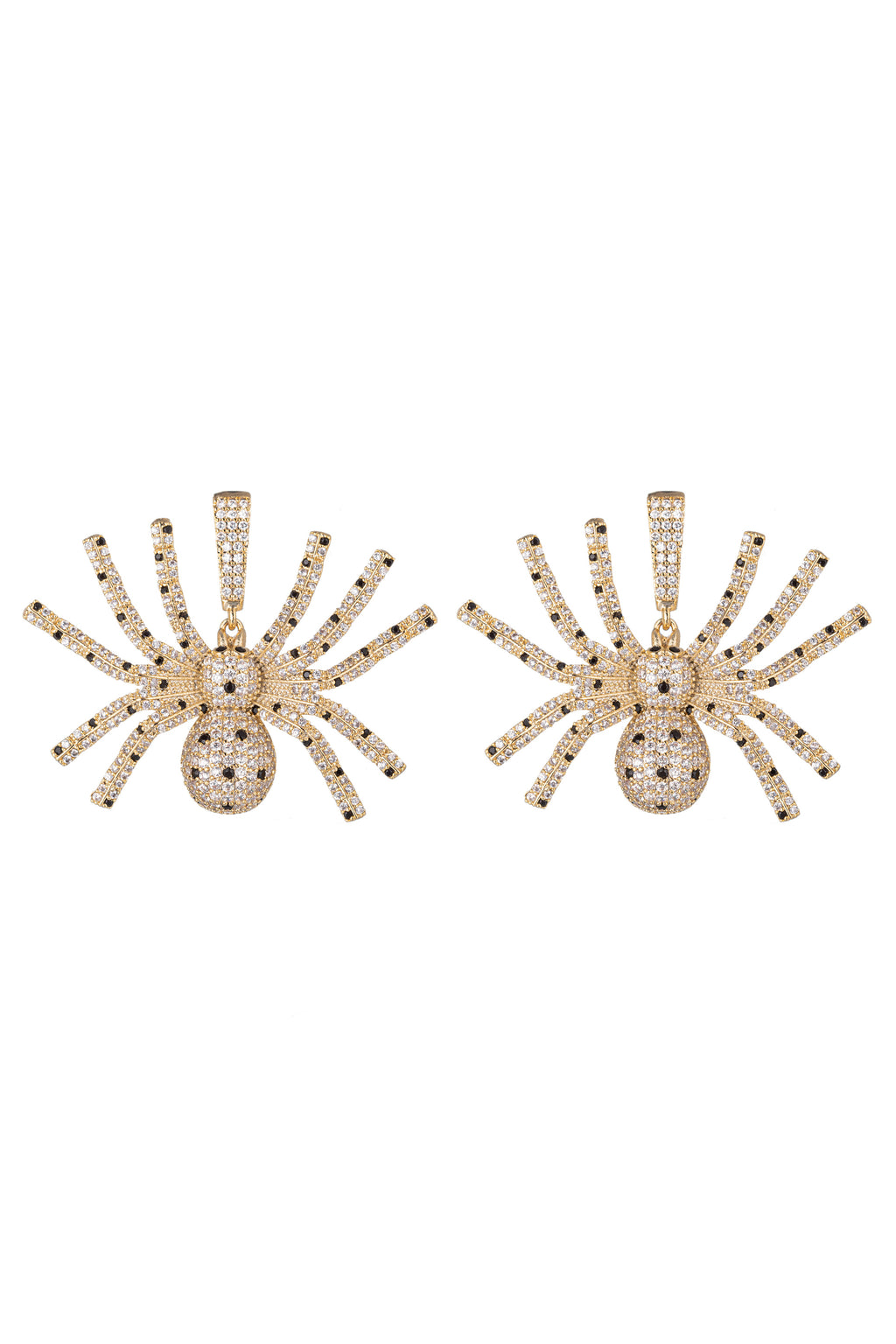 Gold tone brass spider pendant earrings studded with CZ crystals.