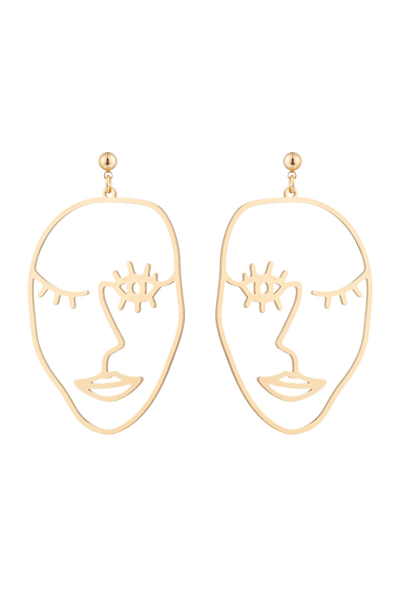 Gold brass face design drop earrings.