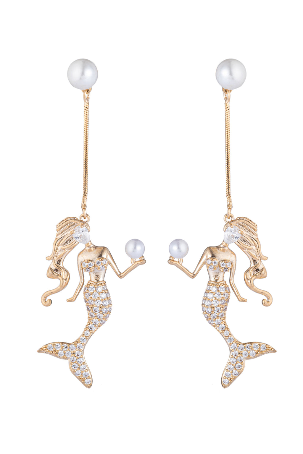 Mermaid drop earrings studded with CZ crystals.