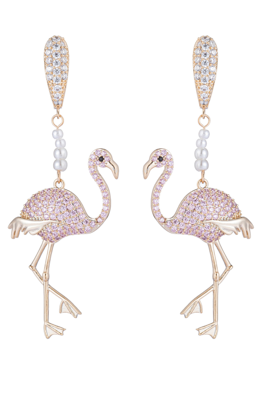 Pink flamingo bird earrings with CZ glass pearls.