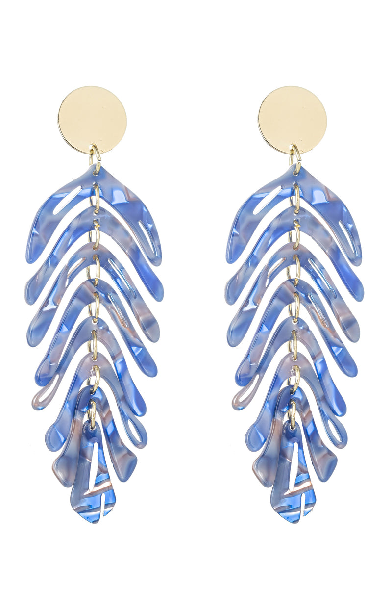 Gold alloy blue acrylic leaf pendant earrings.