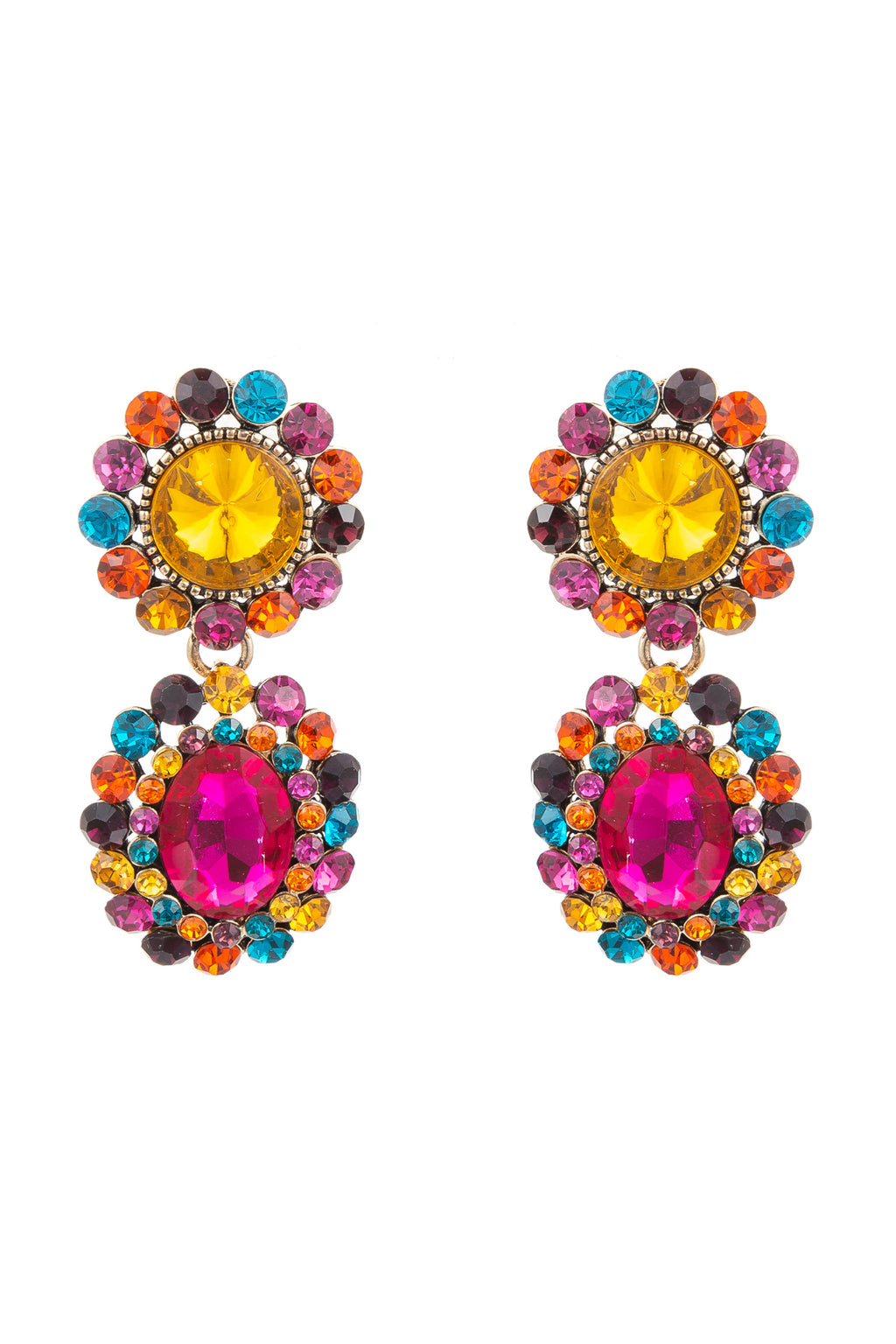 Yellow alloy cascading mini drop earrings studded with glass crystals.
