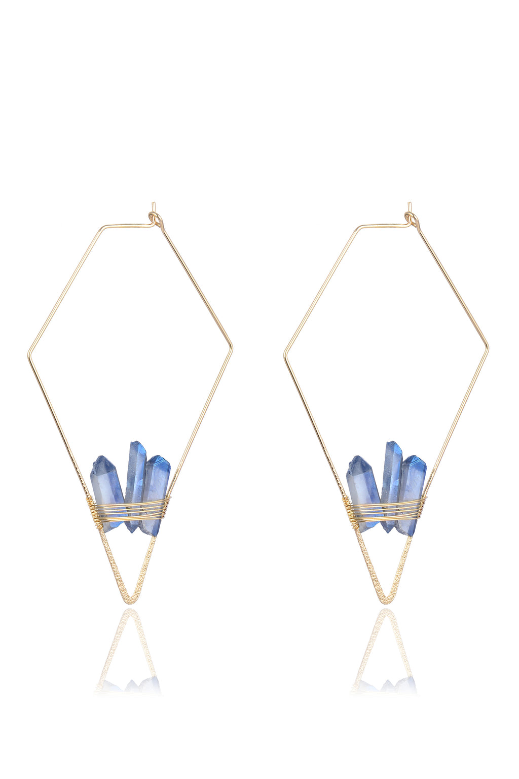 Gold tone brass kite earrings with blue quartz stones.