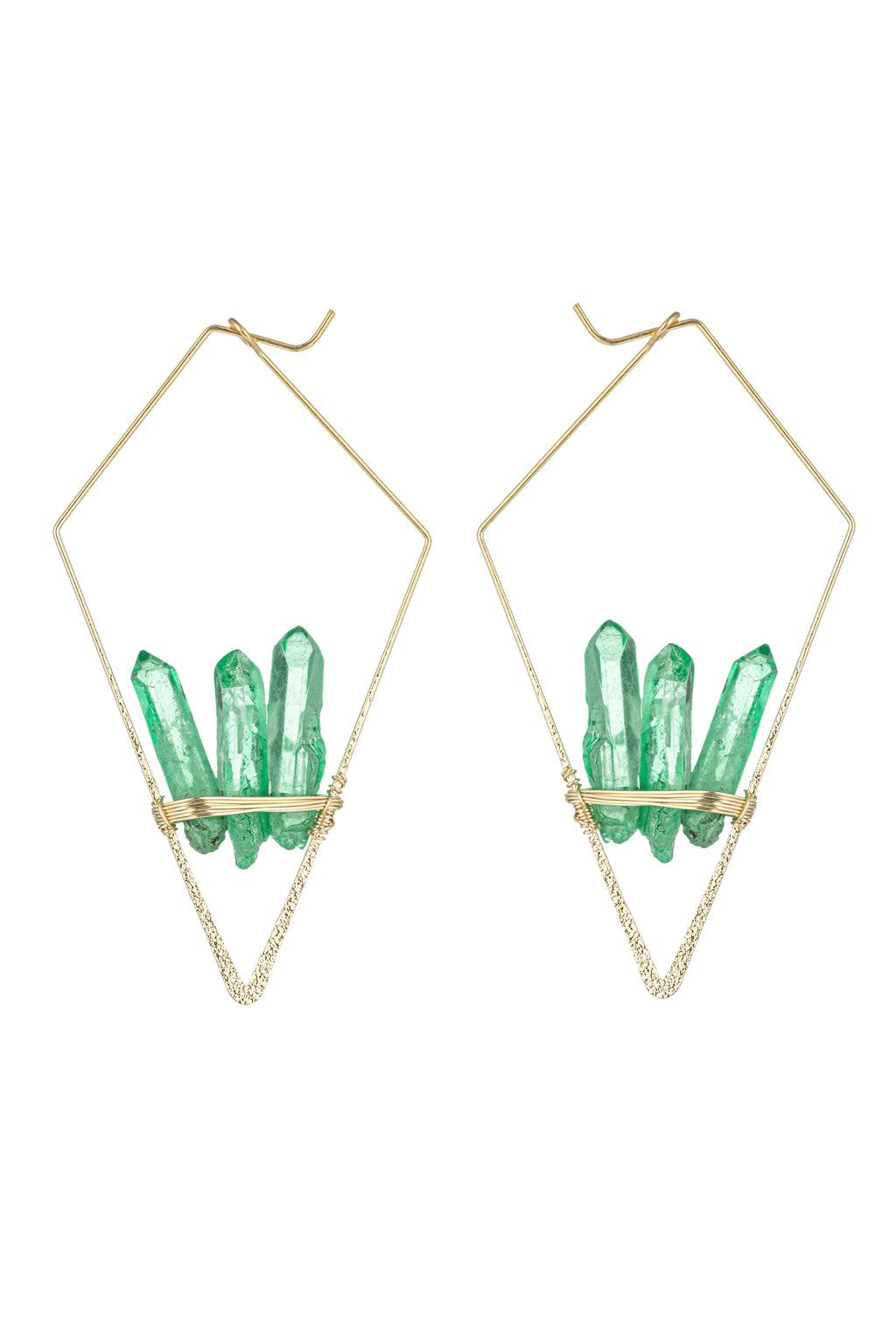 Gold tone brass kite earrings with green quartz stones.