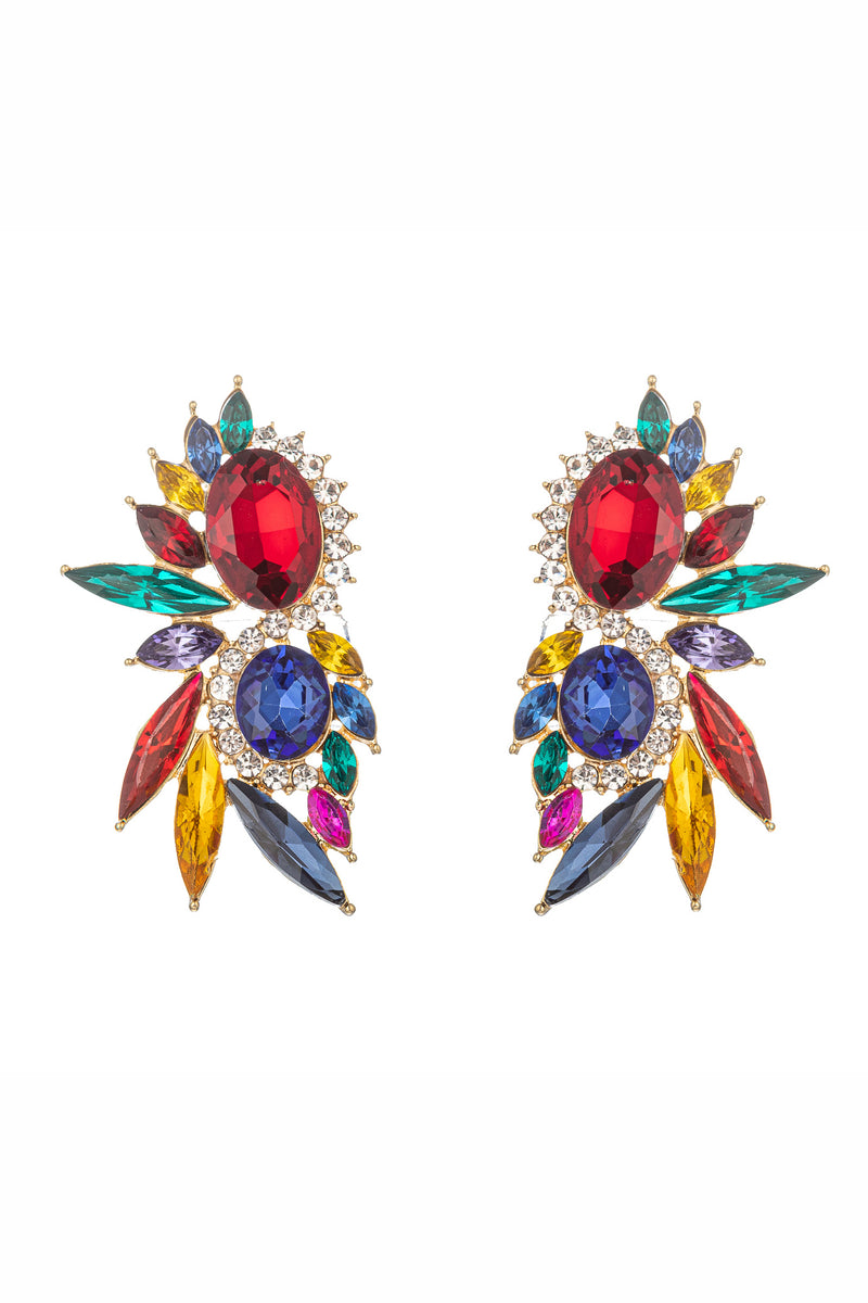 Gold tone alloy statement earrings with multicolored glass crystals.