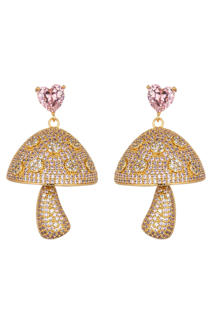 Pink Mushroom Heart CZ Drop Earrings