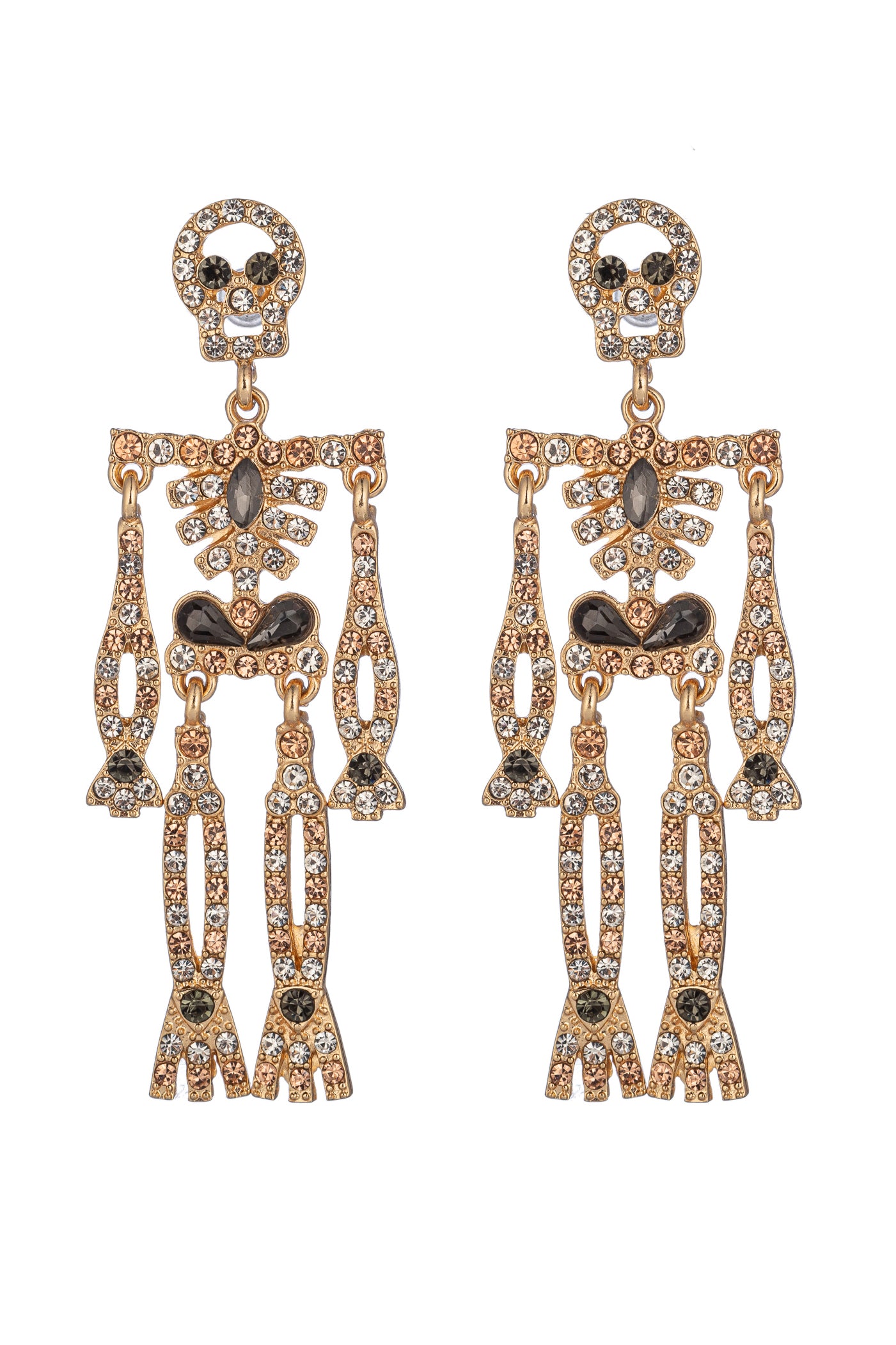 Gold alloy skeleton drop earrings studded with glass crystals.