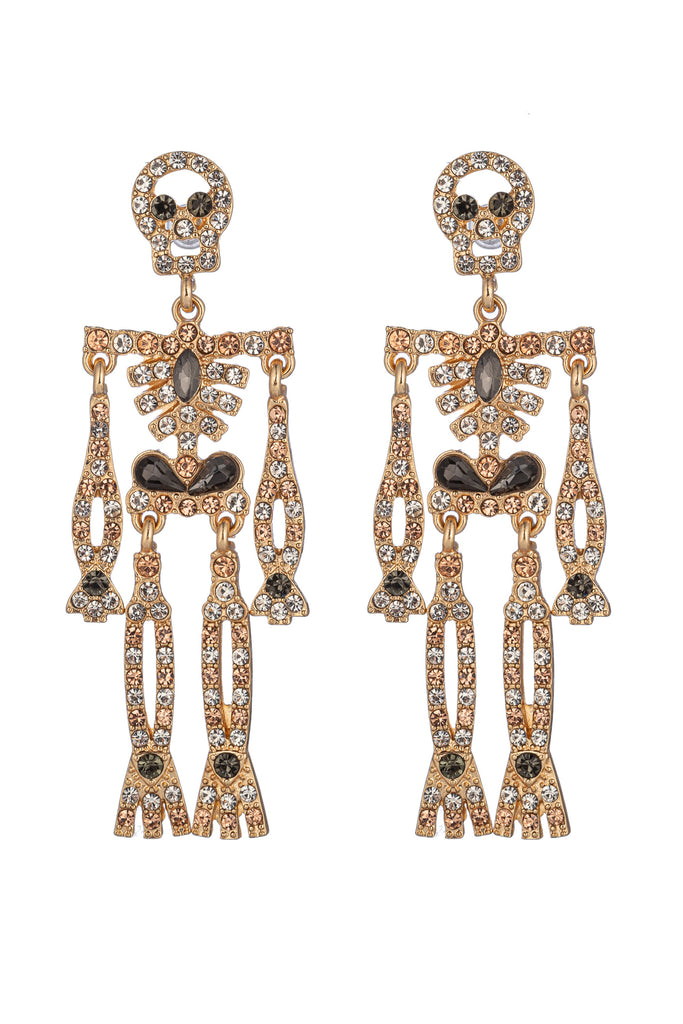 Gold alloy skeleton drop earrings studded with glass crystals.