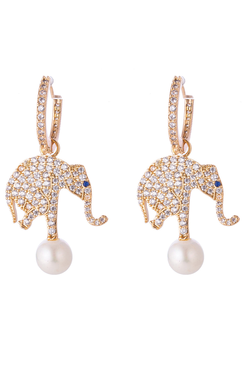Gold hoop elephant earrings studded with CZ crystals.