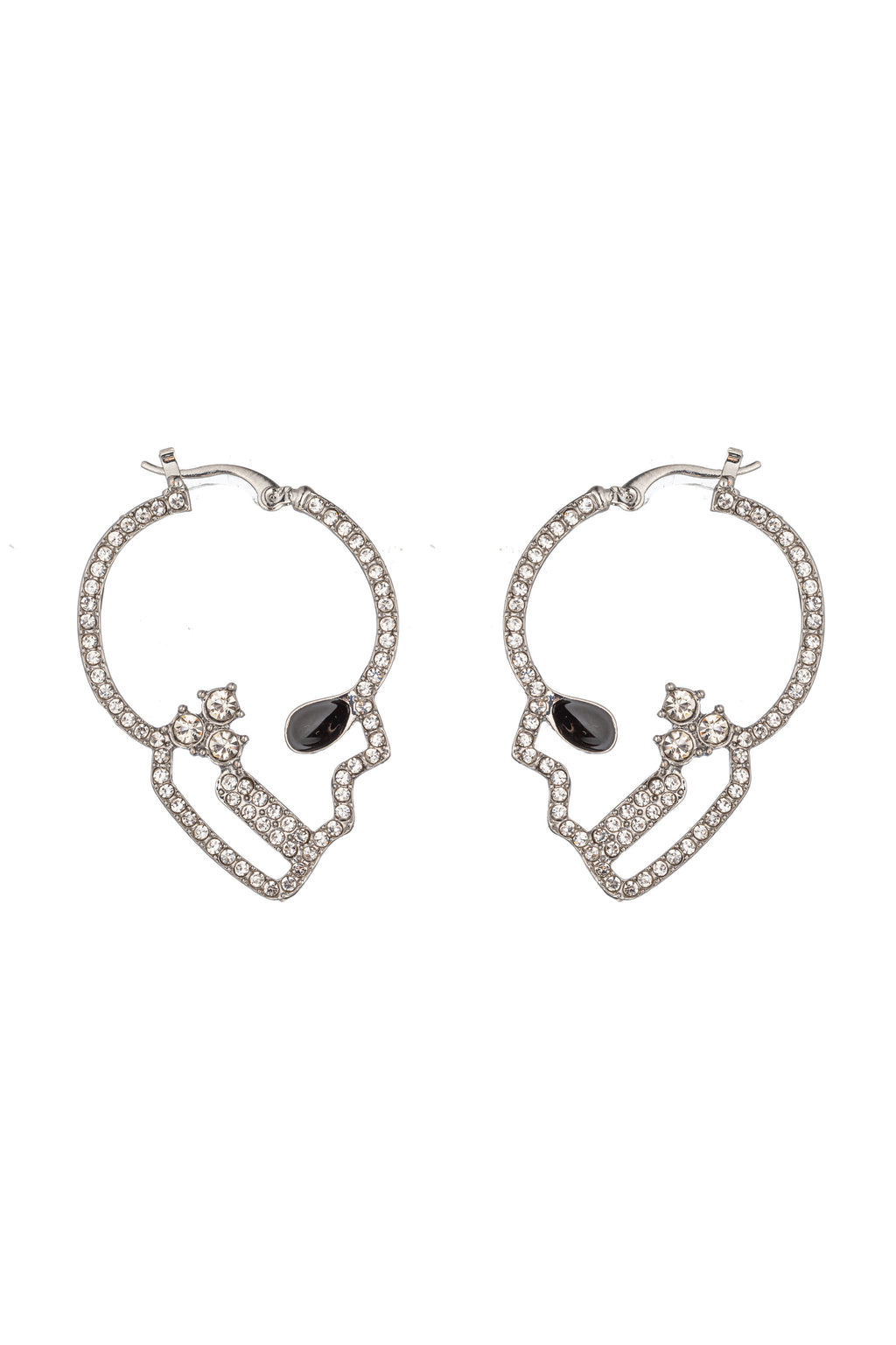 Double skull drop pendant earrings studded with glass crystals.