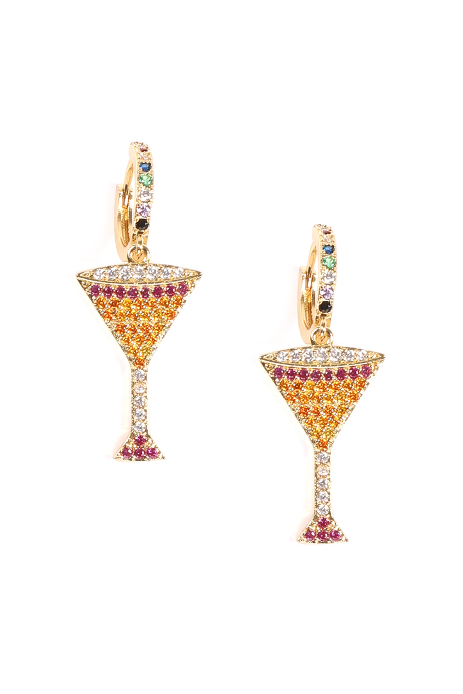 18k gold plated huggie earrings with martini pendants.
