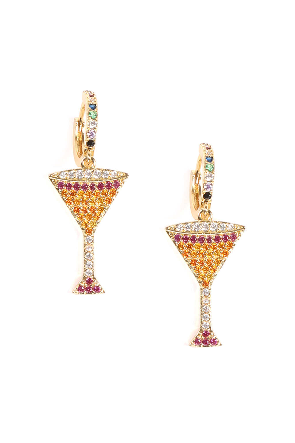 18k gold plated huggie earrings with martini pendants.