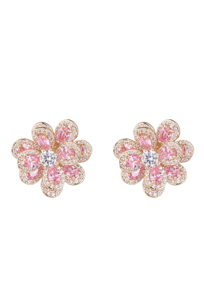 Pink flower stud earrings studded with CZ crystals.