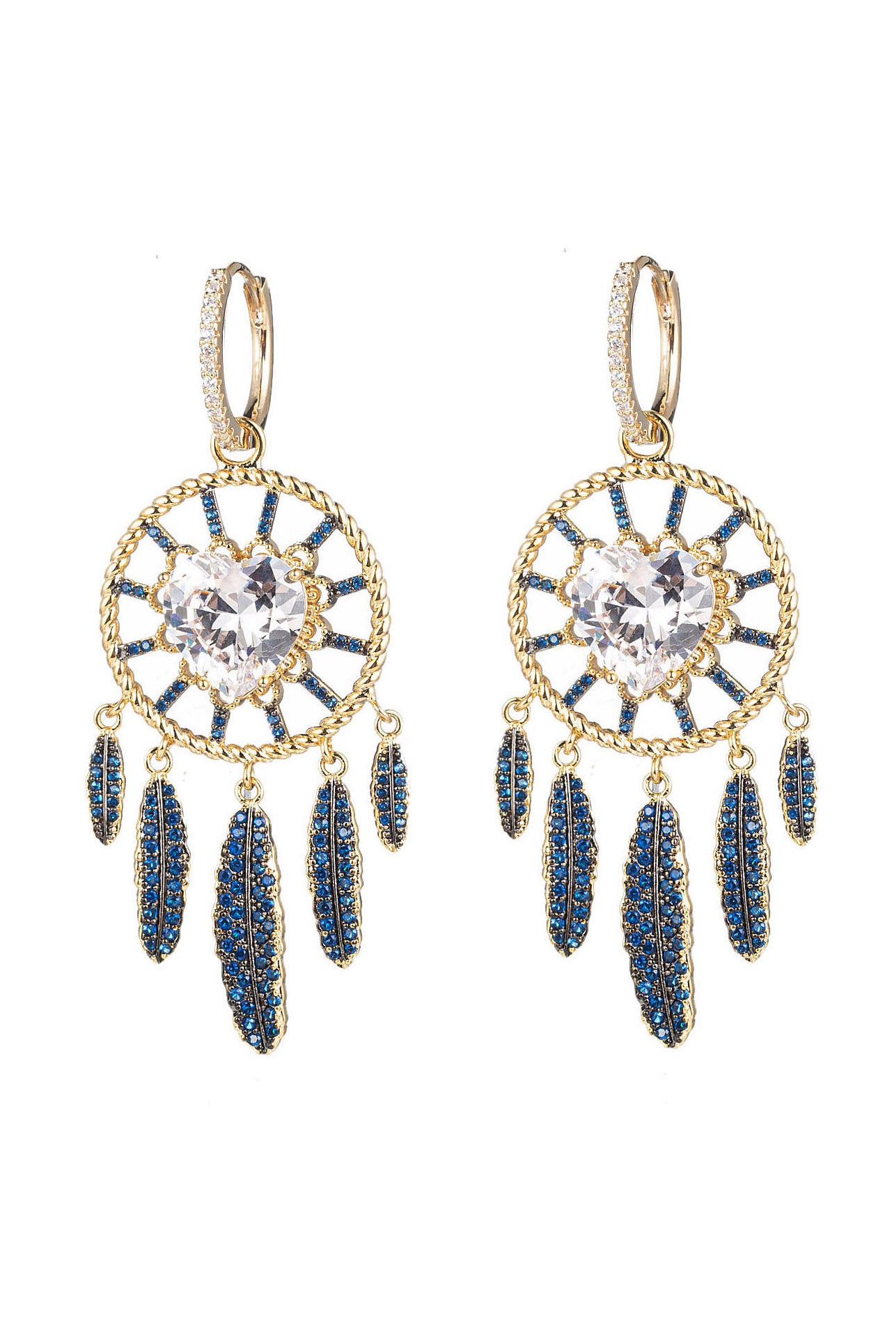 Gold brass dreamcatcher dangle earrings studded with CZ crystals.