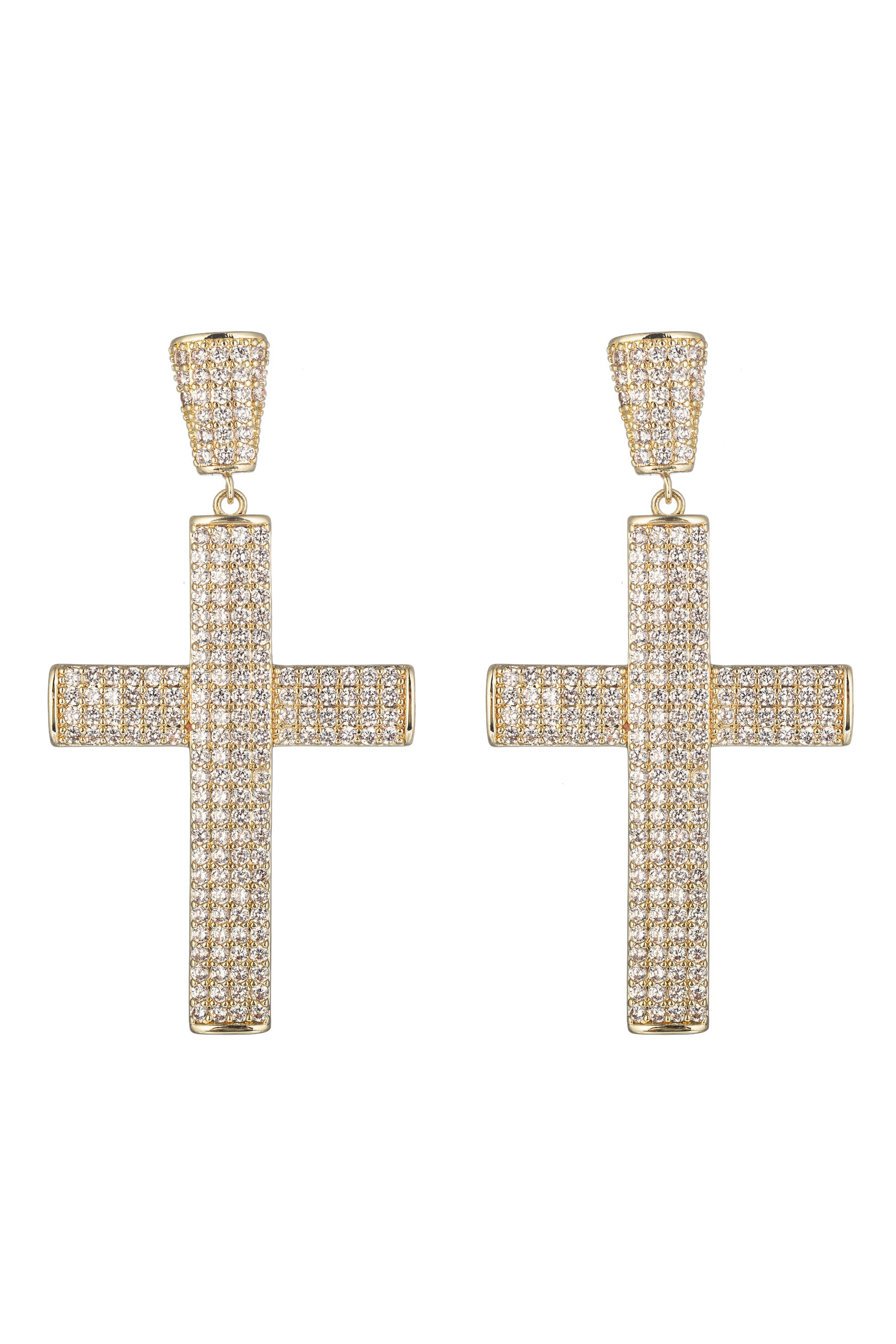 Gold brass double cross drop earrings studded with CZ crystals.