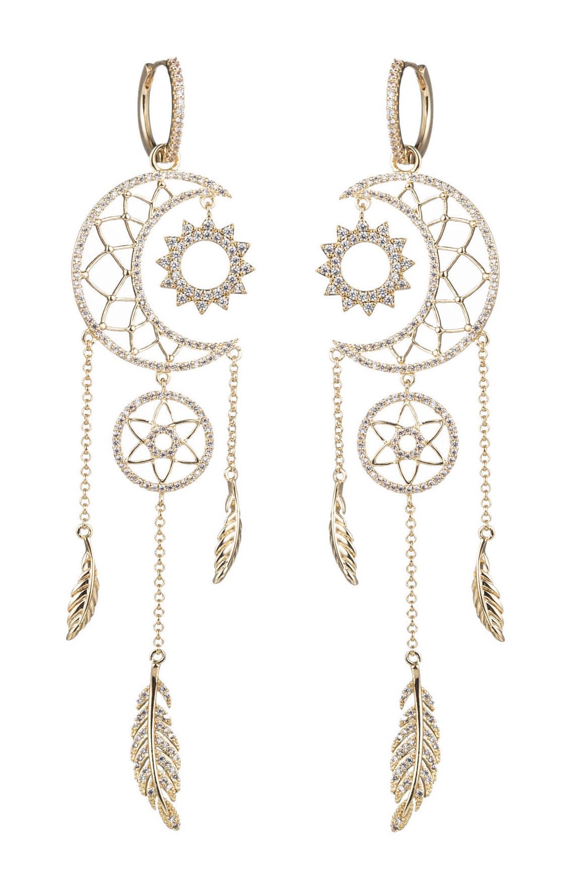 Gold brass dreamcatcher huggie earrings studded with CZ crystals.