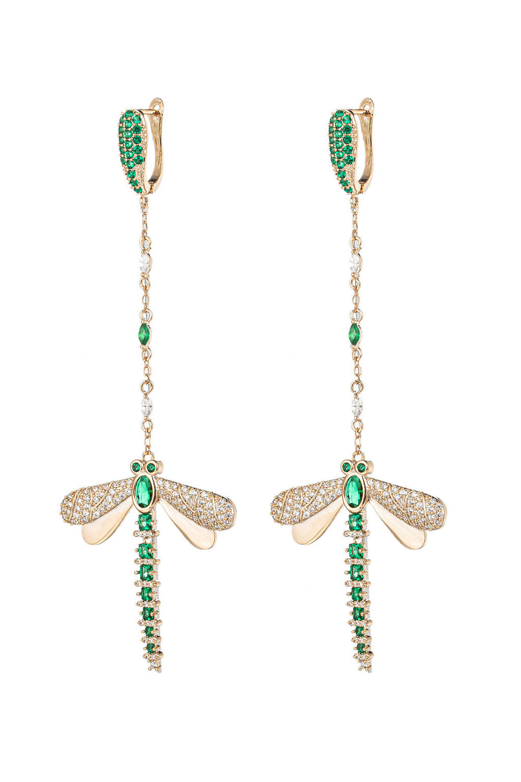 Gold and green dragonfly drop earrings studded with CZ crystals.