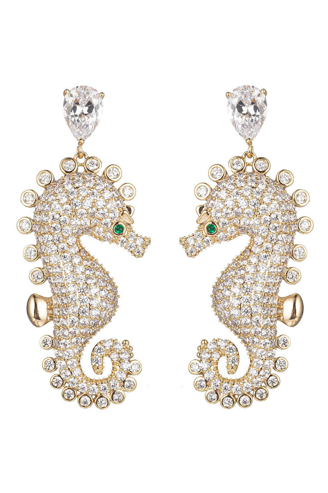 Gold brass seahorse pendant earrings studded with CZ crystals.