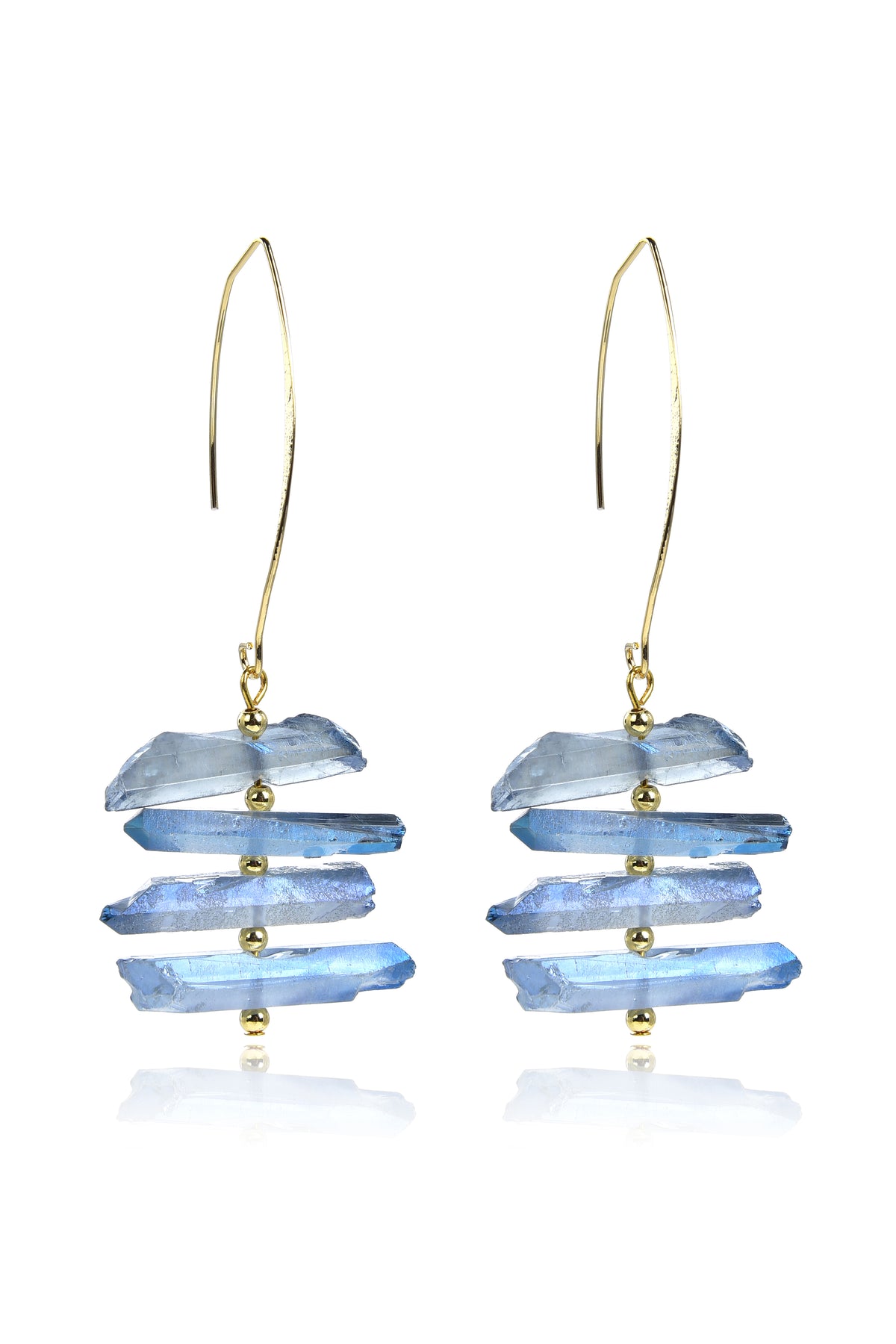 Gold plated drop earrings with natural quartz crystals.