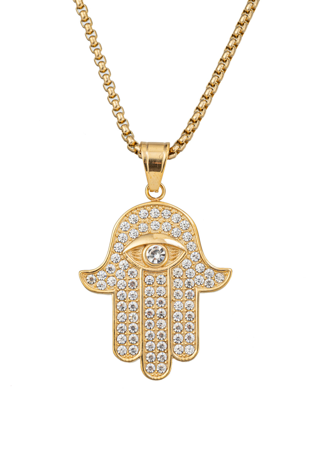 Gold tone titanium hamsa pendant necklace studded with CZ crystals.