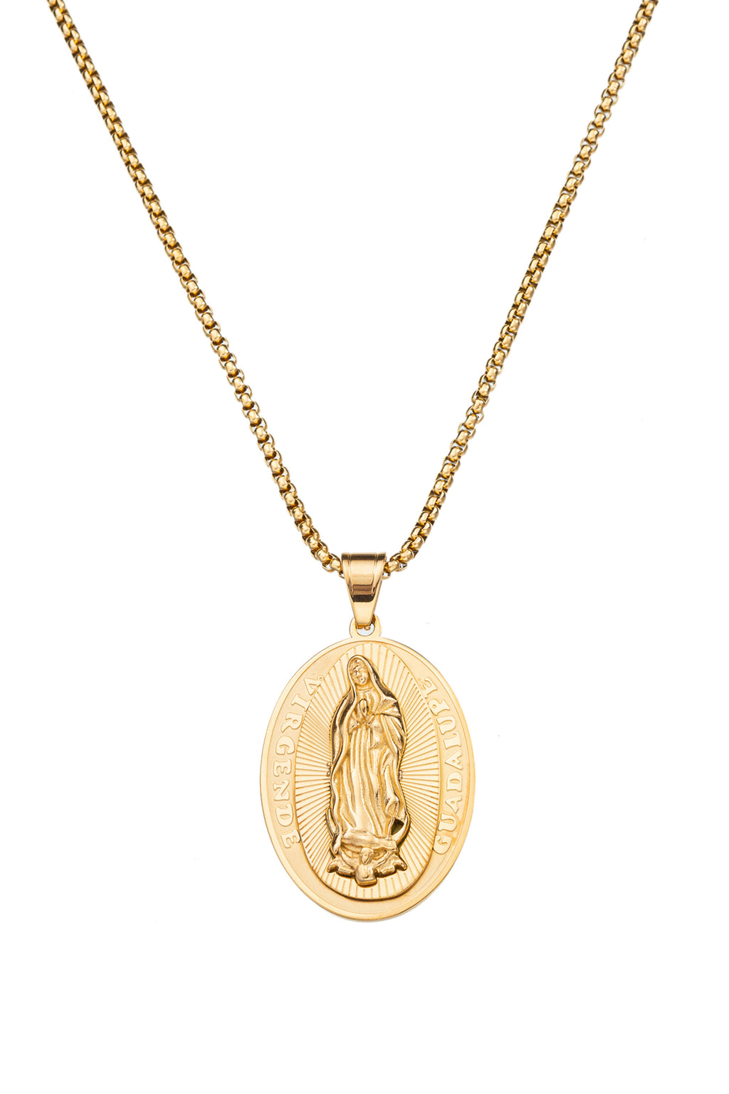 Gold tone titanium Virgin Guadalupe pendant necklace.