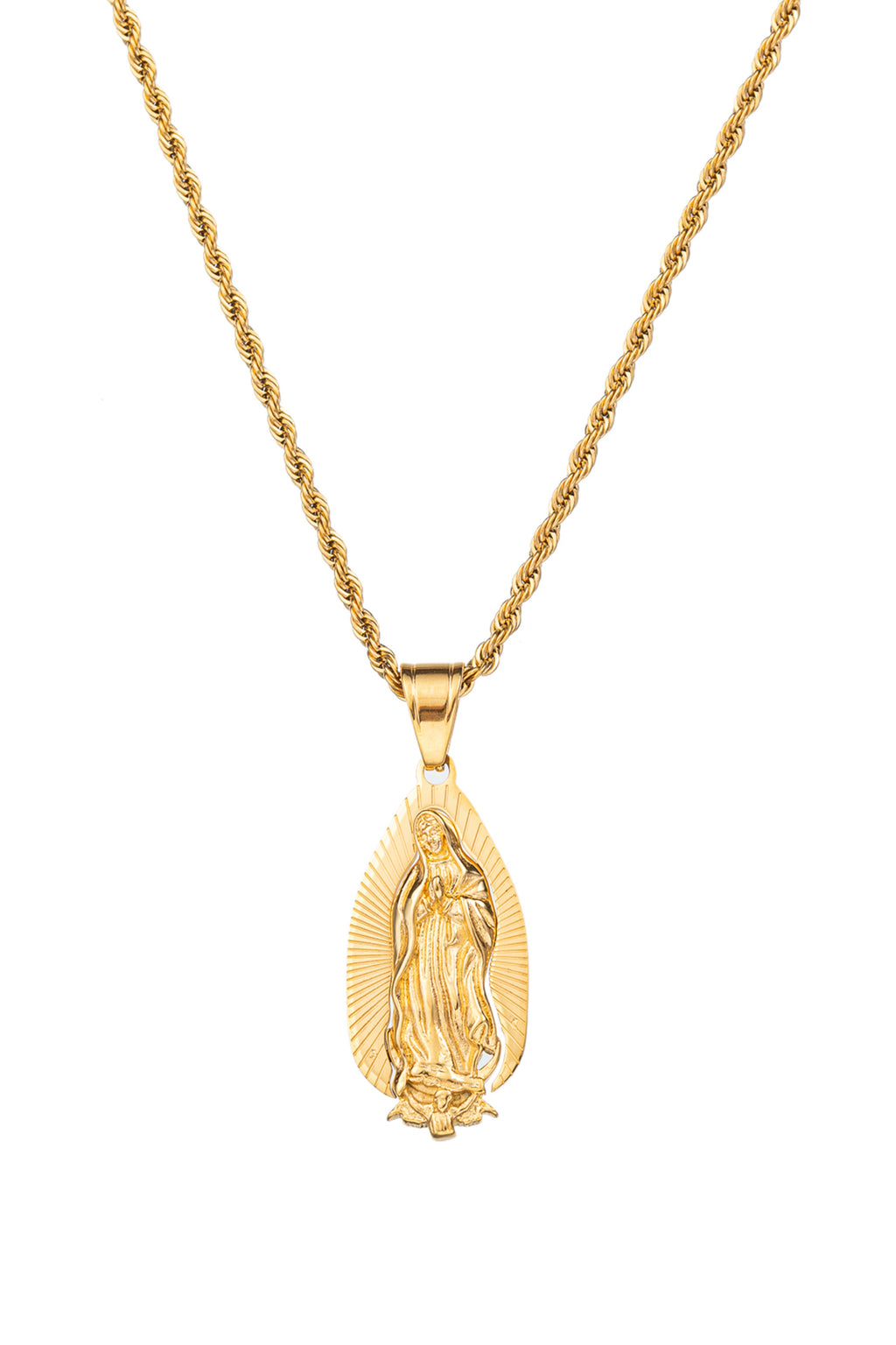 Gold tone titanium Virgin Mary pendant necklace.