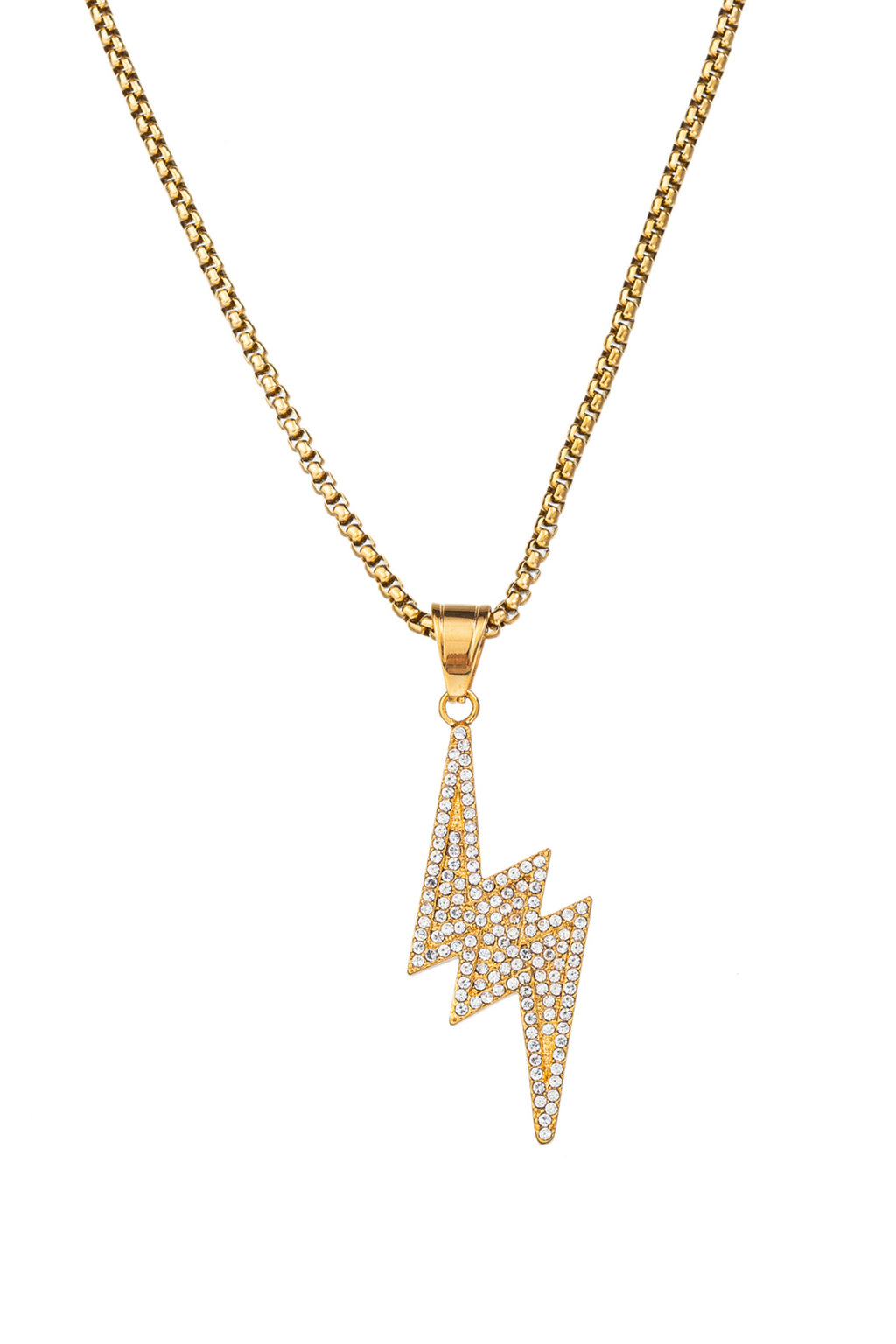 Gold tone titanium lightning bolt pendant necklace studded with CZ crystals.