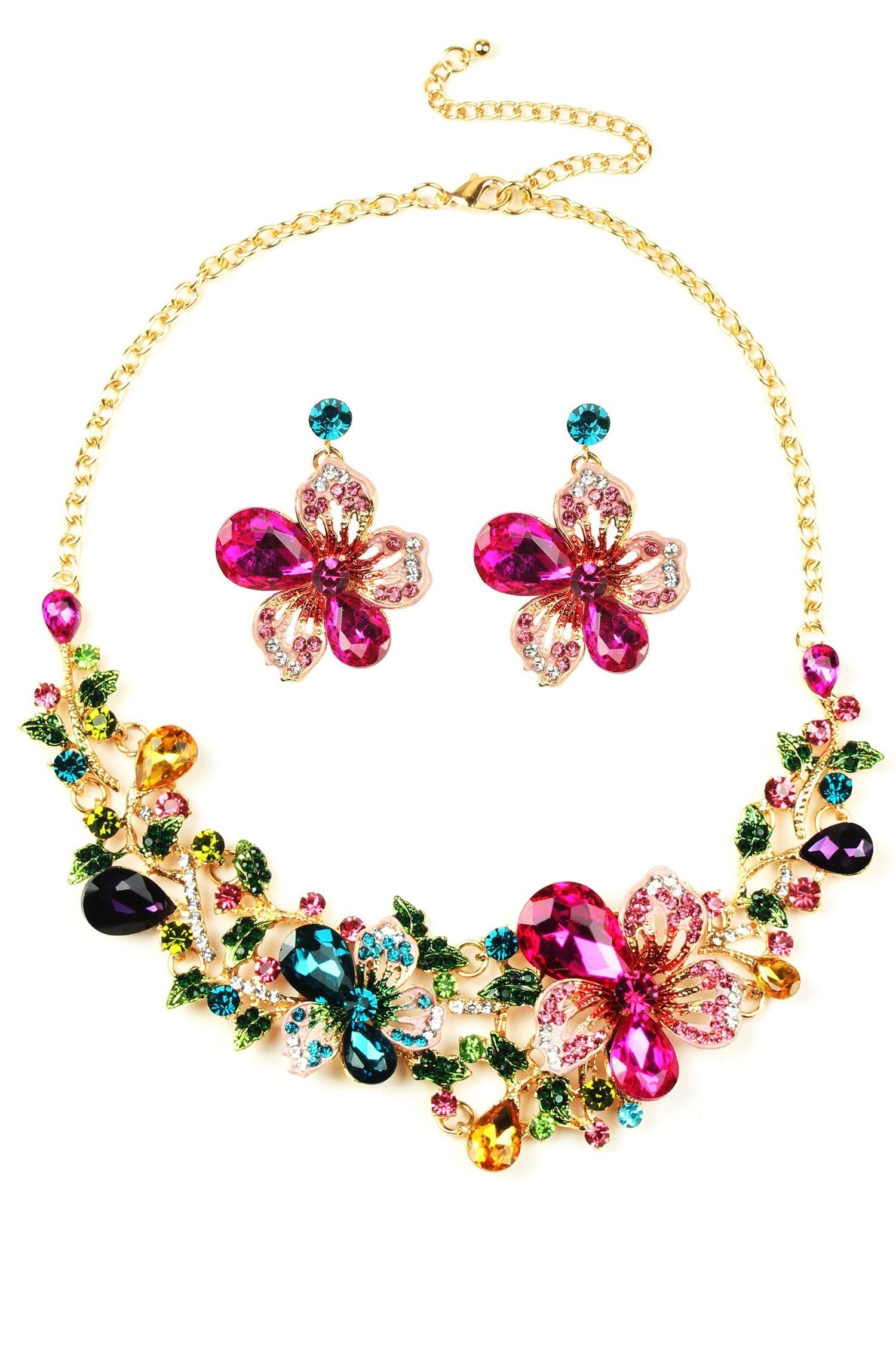 Necklace and earring set. Approximately 14 inch gold Necklace with colorful pink and blue floral design. Earrings featured are approximately 2" in size and feature light pink and magenta crystal petals.