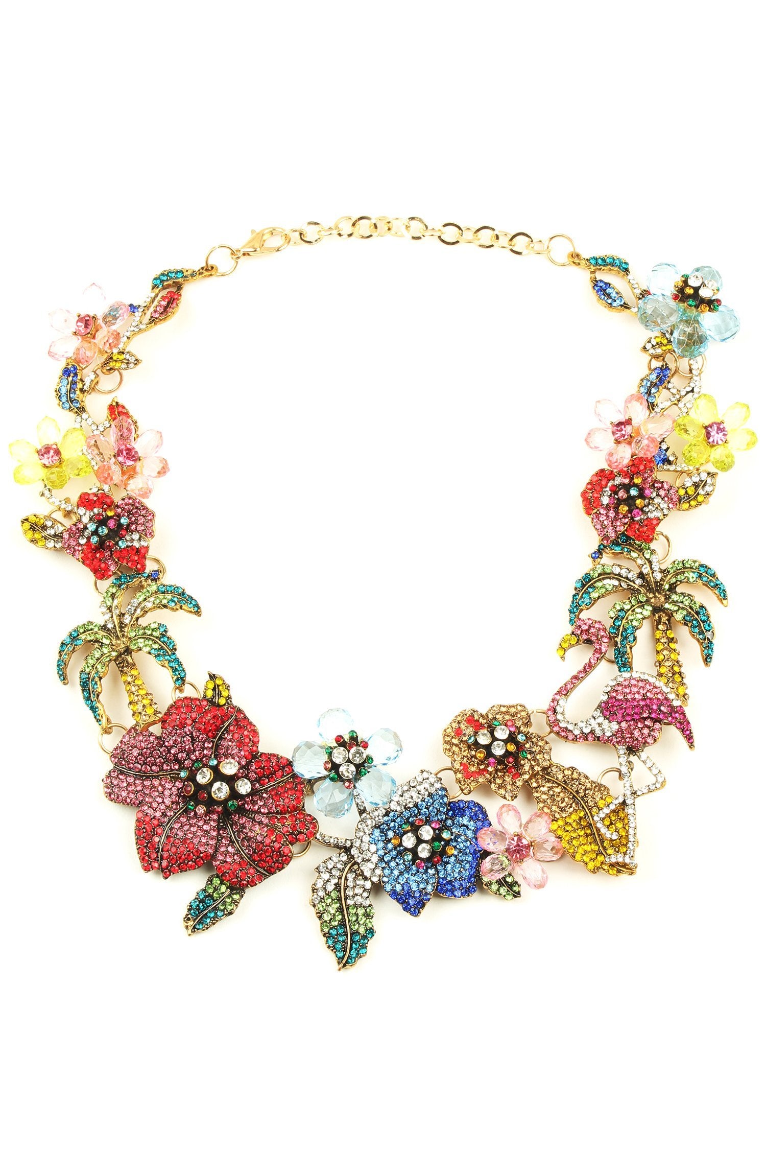 Collar necklace with gold chain and arrangement of red flowers, blue and yellow flowers. Flowers are studded with glass crystals.