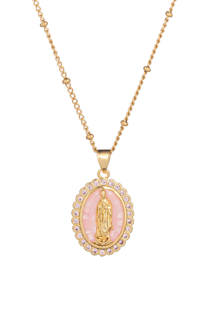 Gold tone titanium rose quartz Virgin Mary pendant necklace studded with CZ crystals.