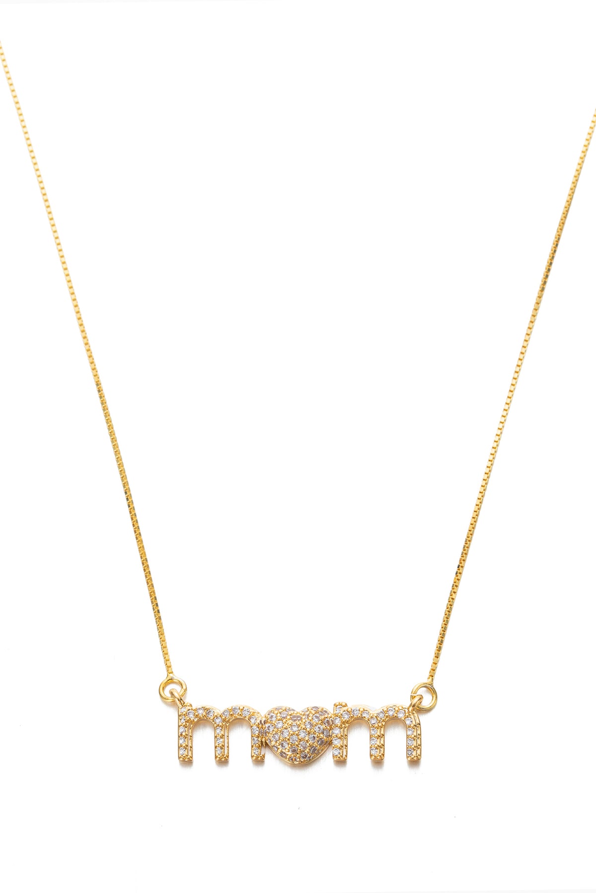 Sterling silver chain necklace with a brass CZ "mom" pendant.