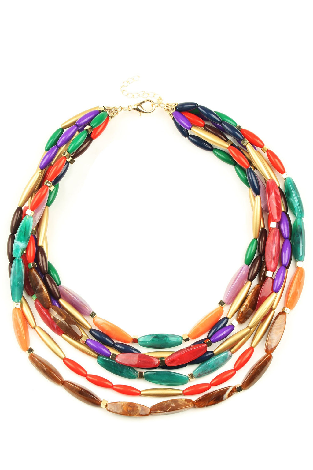 14 inch necklace made up of multiple layered chains of a variety of colorful oval resin beads.