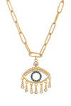Gold tone titanium CZ crystal gypsy eye pendant on a paperclip necklace.