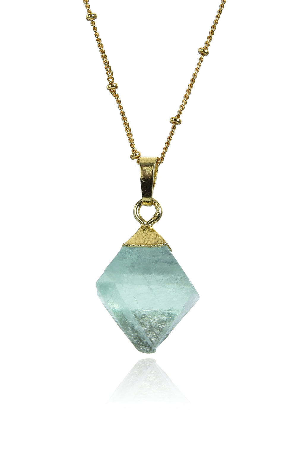 Gold chain necklace with medium sized green fluroite diamond shaped crystal pendant.