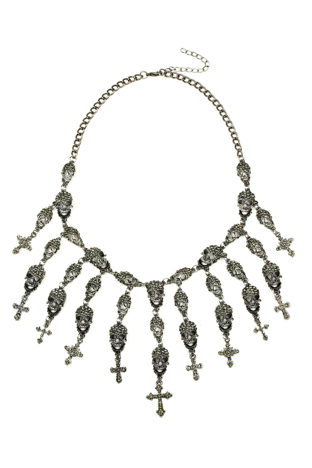 multi skull dark silver statement fringe necklace