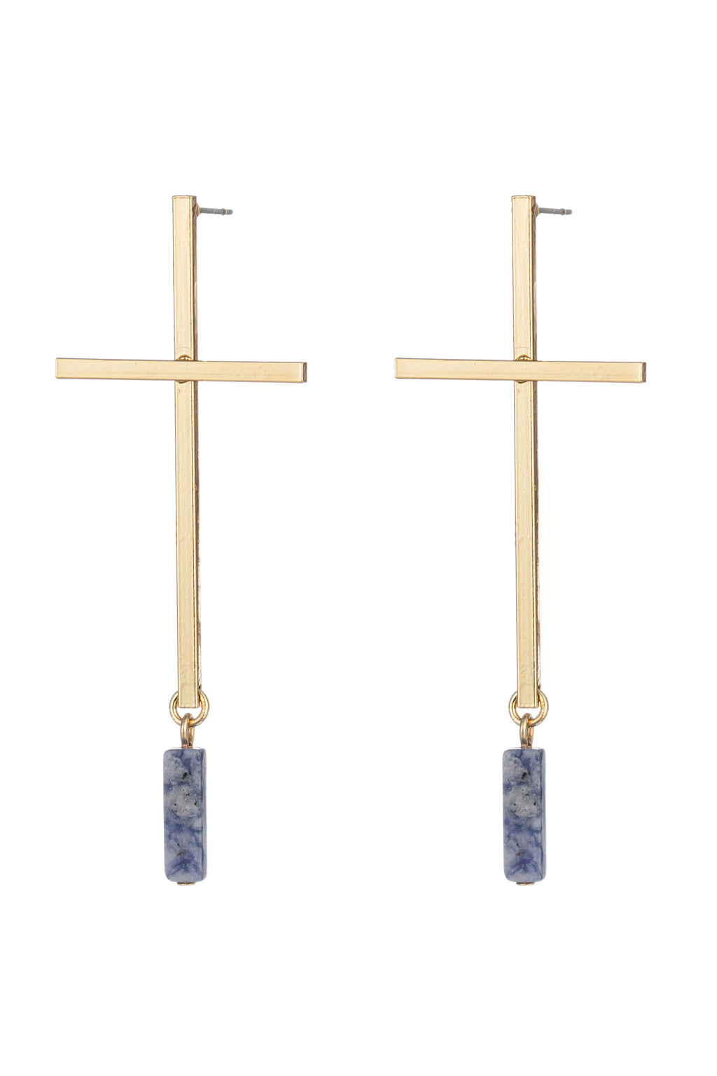 Gold alloy cross earrings with dangling lapis stones.