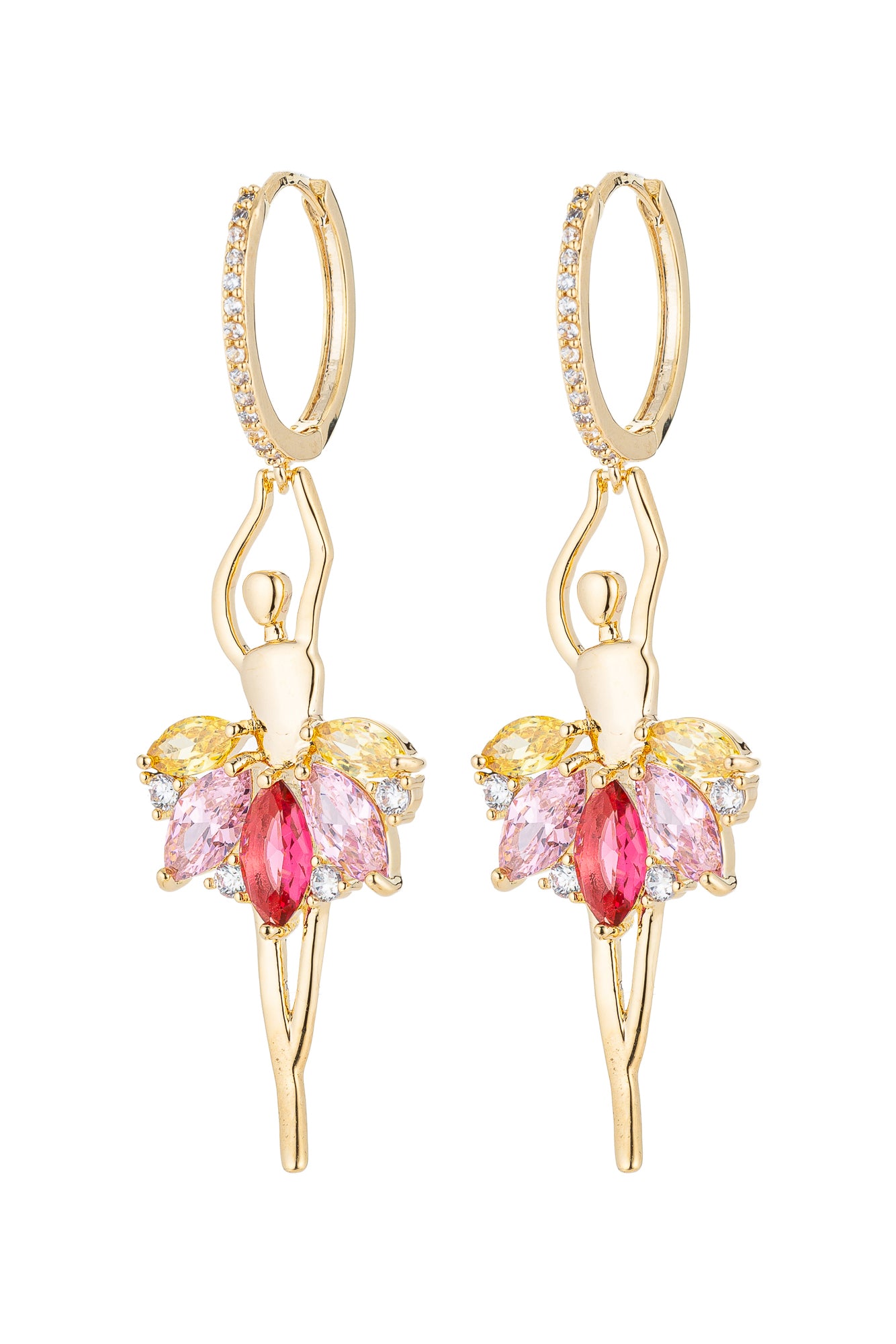Pink ballerina huggie drop earrings studded with CZ crystals.
