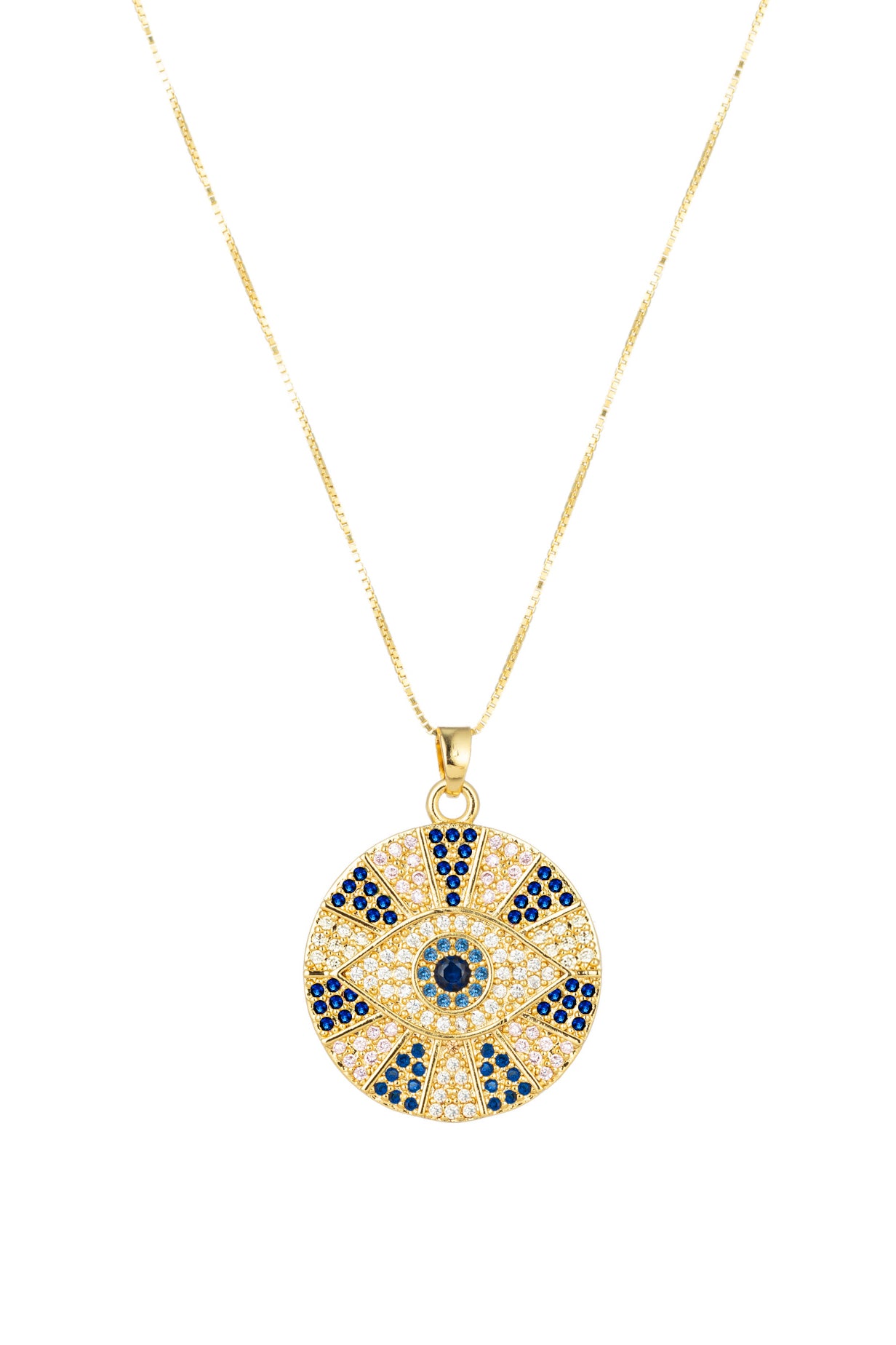 Evil Eye pendant necklace studded with CZ crystals.