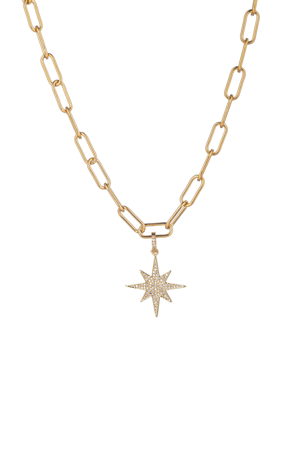 Gold tone brass paperclip necklace with a North Star pendant studded with CZ crystals.