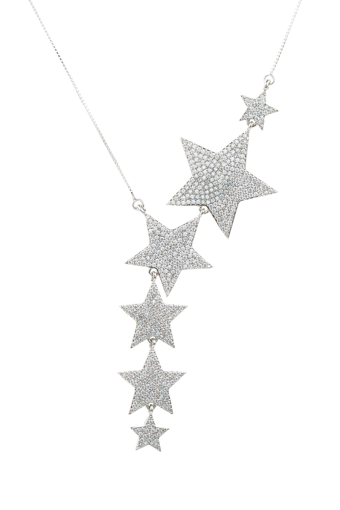 Silver tone brass star pendant necklace studded with CZ crystals.