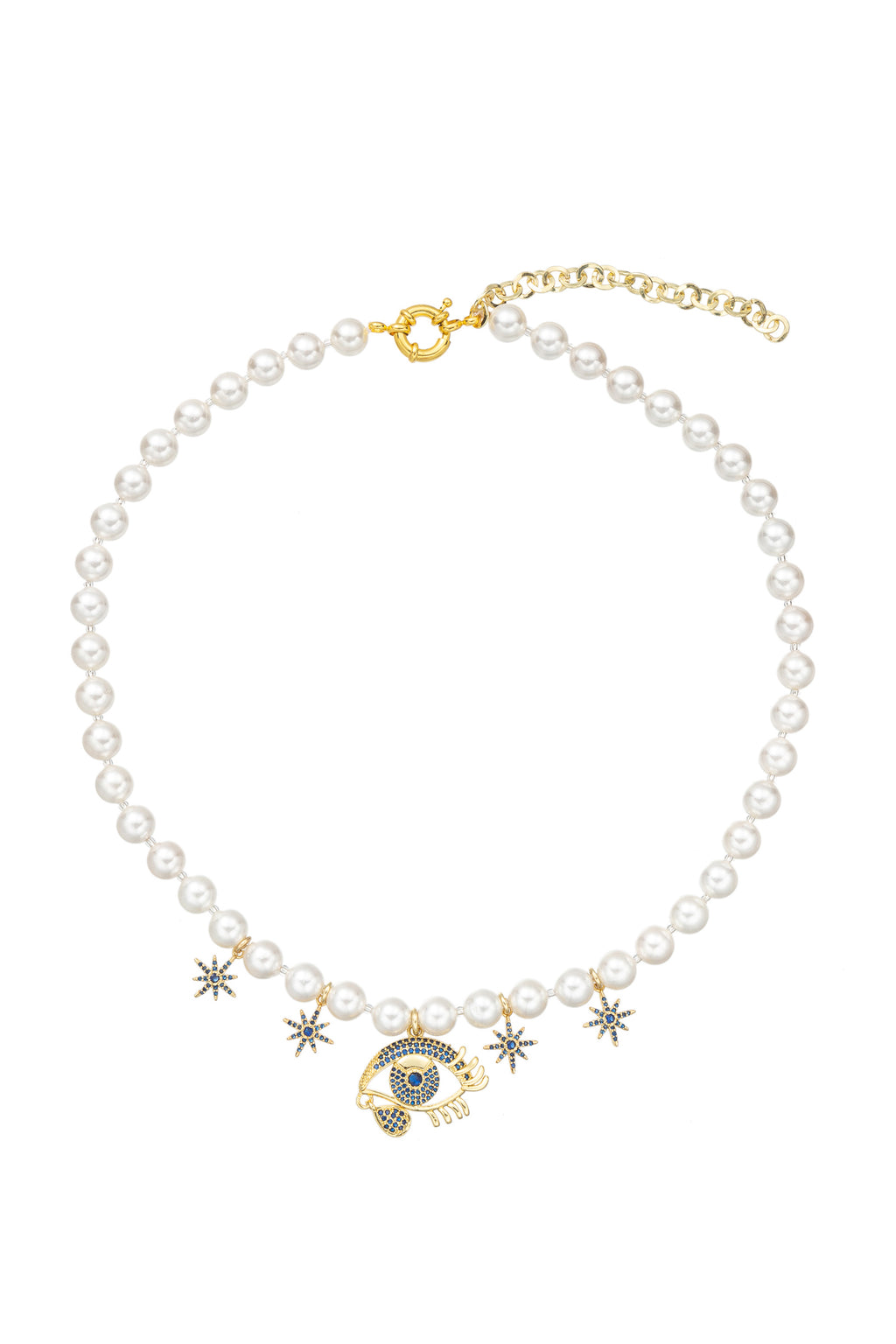 Teardrop eye pendant necklace studded with CZ crystals on a shell pearl band.