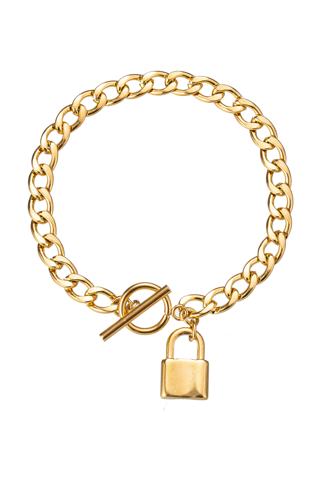 Gold tone titanium chain bracelet with a lock pendant.