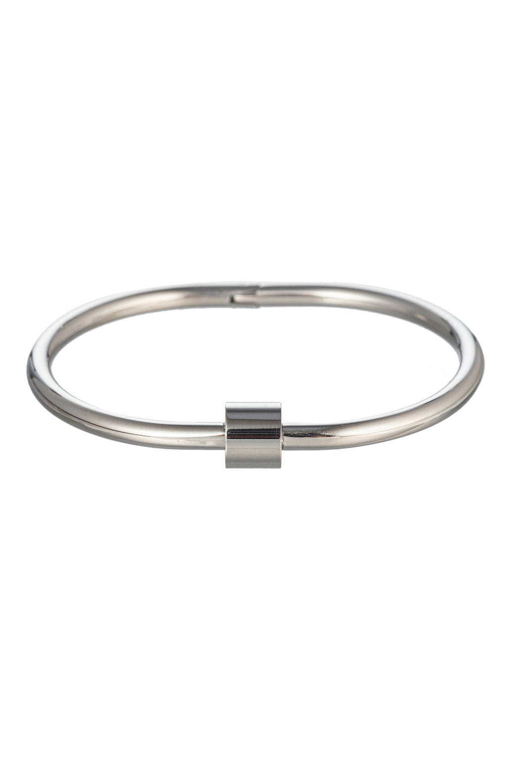 Silver tone titanium screw cuff bracelet.