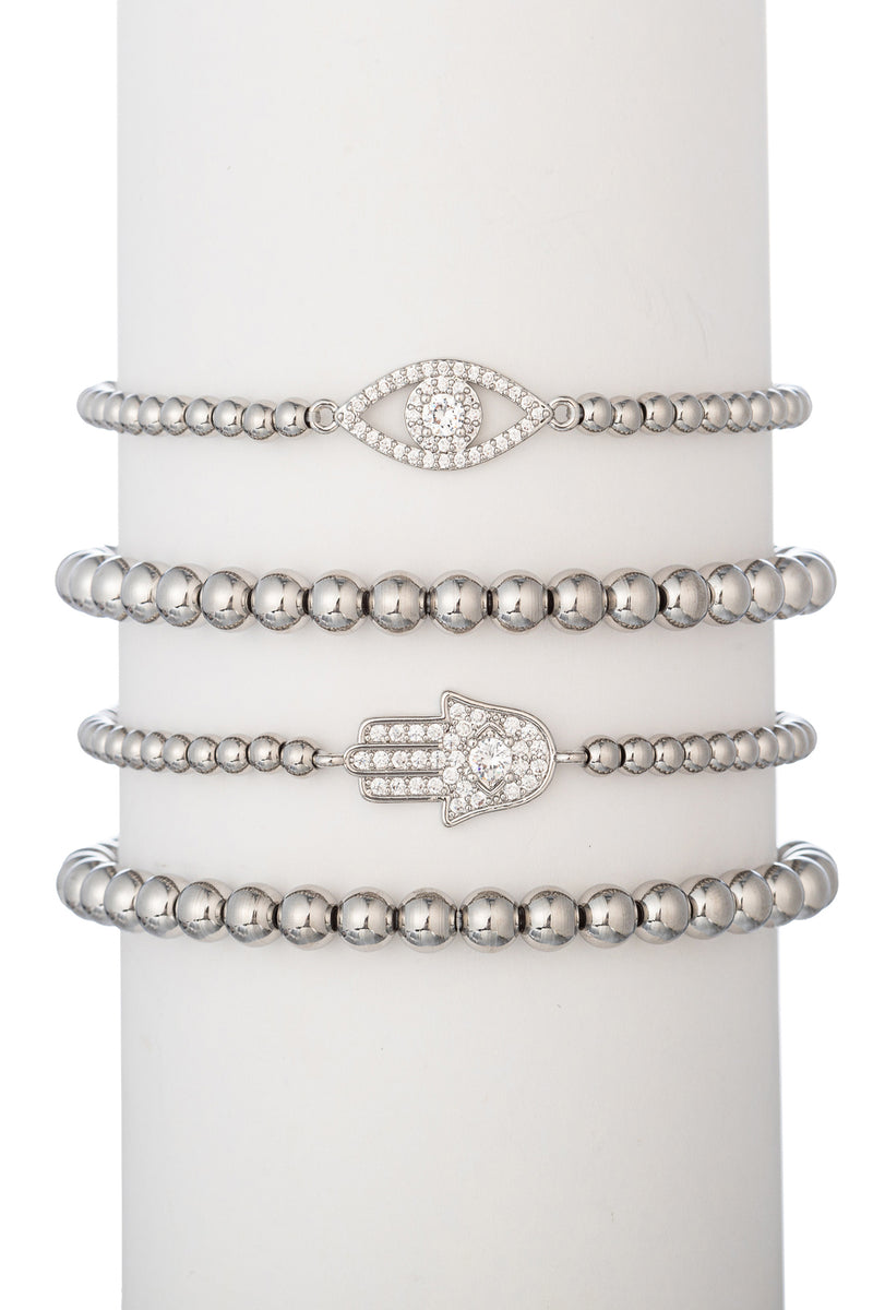 Silver tone titanium beaded bracelet set with CZ crystal evil eye and hamsa hand pendants.