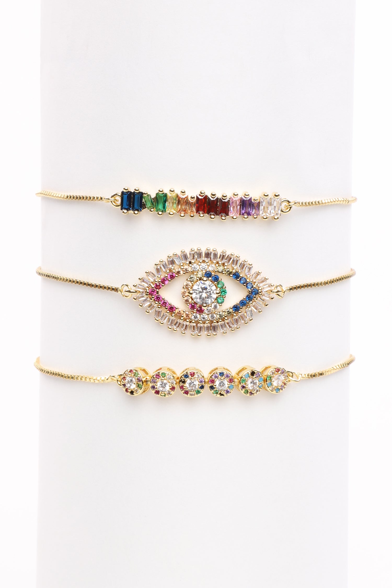 Rainbow CZ 3 Piece Bolo Bracelet Set