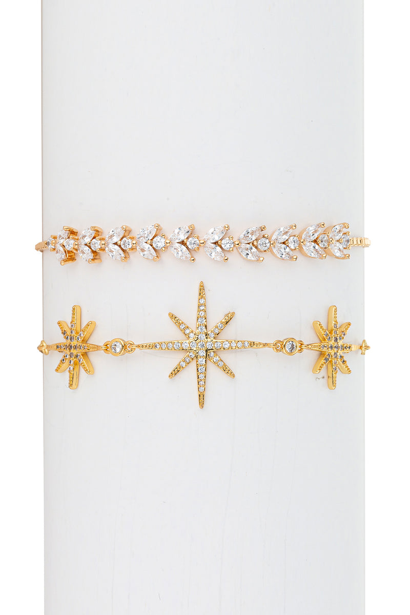 North Star & leaf 18k gold plated bracelet set studded with CZ crystals.